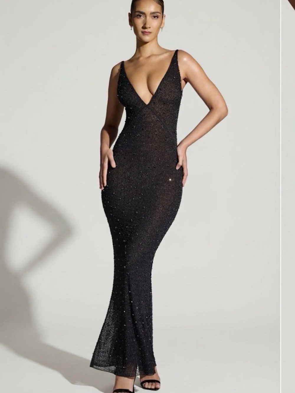 Oh Polly Embellished Plunge Neck Evening Gown in Black